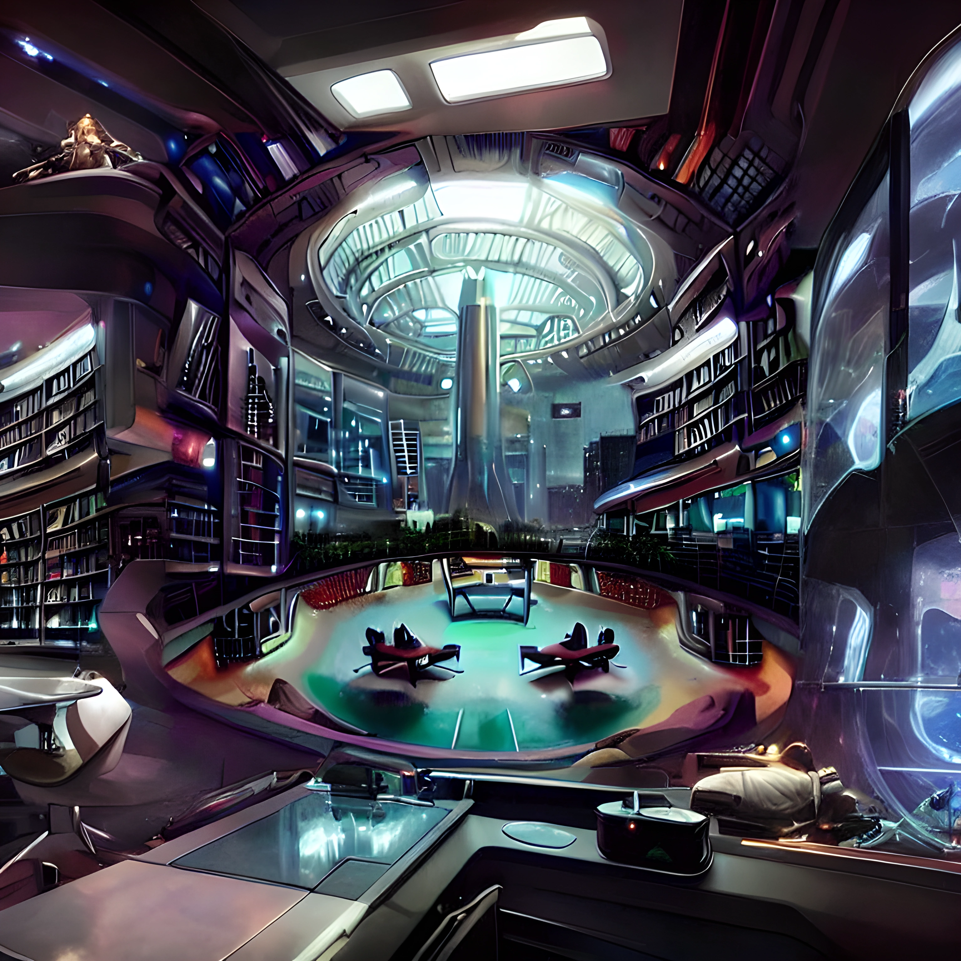 futuristic library, screens, hologram david stark